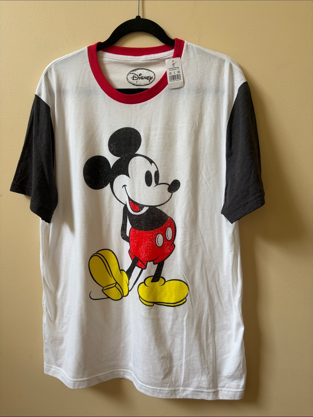 Disney White Tee with Black Sleeves and Red, Yellow Graphic